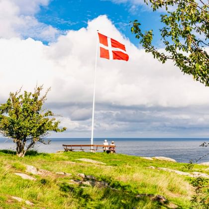 Dänische Flagge auf grasigem Küstenaussichtspunkt bei Gudhjem, Bornholm. Bank mit Blick auf die Ostsee unter bewölktem Himmel, umrahmt von Bäumen.