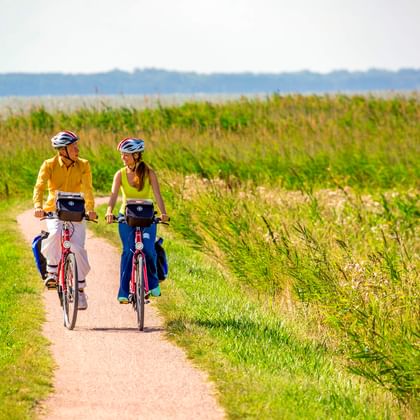 Zwei Radfahrer mit Helmen auf roten Fahrrädern auf einem Schotterweg durch grüne Felder bei Ahrenshoop, mit Schilffeldern auf beiden Seiten.