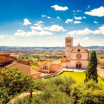 Basilica of St. Francis in Assisi with bell tower and green lawn, surrounded by cypress trees. Rolling Umbrian countryside under blue sky.