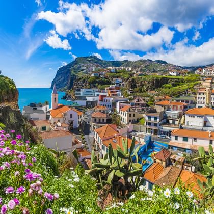 Bunte Häuser mit Terrakottadächern im Dorf Camara de Lobos an Madeiras Küste, umgeben von üppiger Vegetation und Bergen unter blauem Himmel.