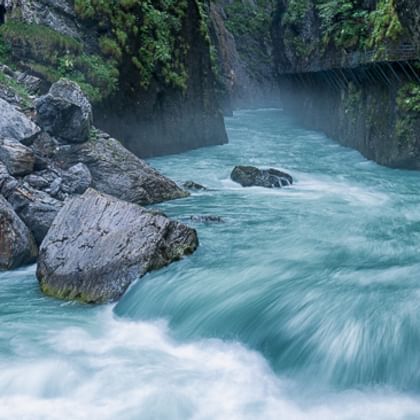 Türkisfarbene Aare rauscht durch die enge Aareschlucht mit steilen, moosbewachsenen Felswänden und großen Felsbrocken im Wasser.