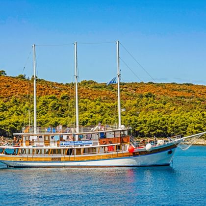 Dreimastiges Holzsegelschiff MS Sveti Vid ankert in ruhigem blauen Wasser nahe einem bewaldeten Hang unter klarem Himmel.