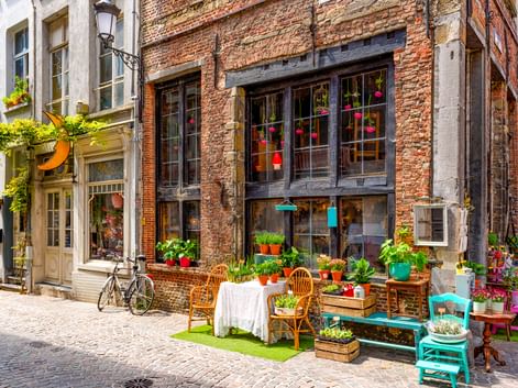 Charmanter Blumenladen mit Backsteinfassade in Antwerpen. Bunte Pflanzen und Möbel auf Kopfsteinpflaster mit Fahrrad in der Nähe.