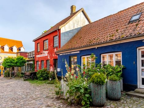 Kopfsteinpflasterstraße in Steges Altstadt mit bunten historischen Häusern: blaue, rote und gelbe Gebäude mit Ziegeldächern und Blumenkübeln.