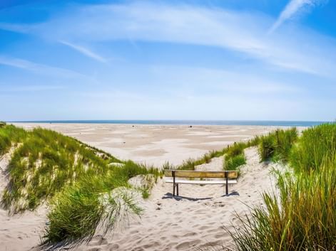 Holzbank auf sandigem Weg zwischen grasbewachsenen Dünen, die zu einem breiten Nordseestrand unter blauem Himmel mit Schleierwolken führt.