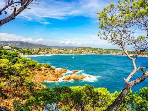 Türkisfarbene Bucht von Sant Feliu de Guíxols, eingerahmt von Pinien. Felsige Küste mit grüner Vegetation, Sandstrand und Stadt am Wasser.
