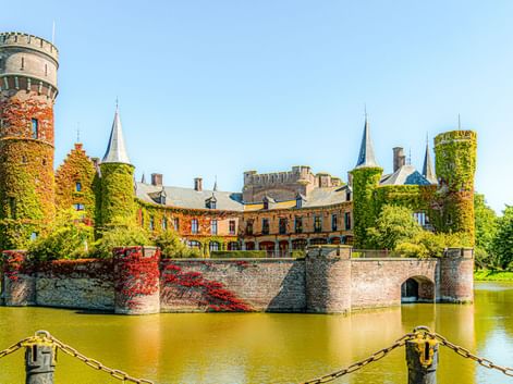 Schloss Wijnendale in Torhout mit efeubedeckten Türmen und Mauern, die sich im Wassergraben spiegeln. Rote Blumen schmücken die Steinbrücke.