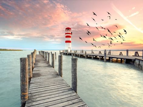 Rot-weiß gestreifter Leuchtturm auf einem Holzsteg in Podersdorf. Vögel fliegen über rosa Abendhimmel über ruhigem Wasser und Holzstegen.