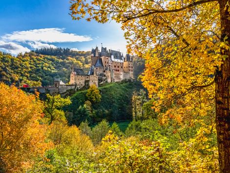 Burg Eltz thront auf einem Hügel, umgeben von dichtem Wald mit goldenem Herbstlaub unter blauem Himmel mit weißen Wolken.