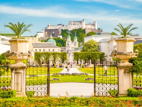 Blick durch verzierte Tore mit Palmen in den Mirabellgarten. Bunte Blumenbeete säumen den Weg zu barocken Gebäuden und der Festung Salzburg.