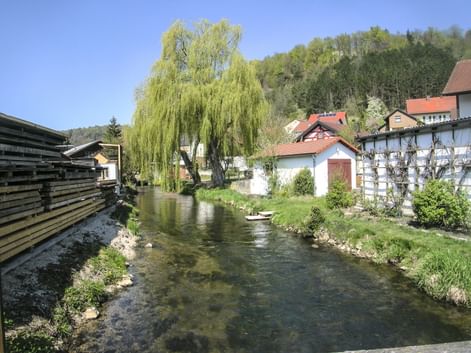 Klare Altmühl fließt durch Kinding mit traditionellen Häusern, großer Weide und bewaldeten Hügeln unter blauem Himmel.