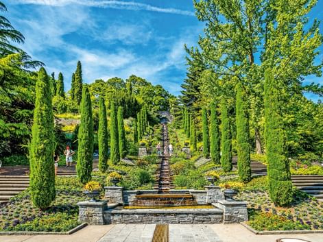 Formale Terrassengärten auf der Insel Mainau mit Steinbrunnen, Zypressen, bunten Blumenbeeten und breiten Steintreppen unter blauem Himmel.
