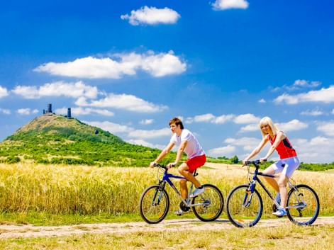 Zwei Radfahrer auf blauen Mountainbikes auf einem Weg durch goldene Weizenfelder mit Ruine Hazmburk auf grünem Hügel unter blauem Himmel.