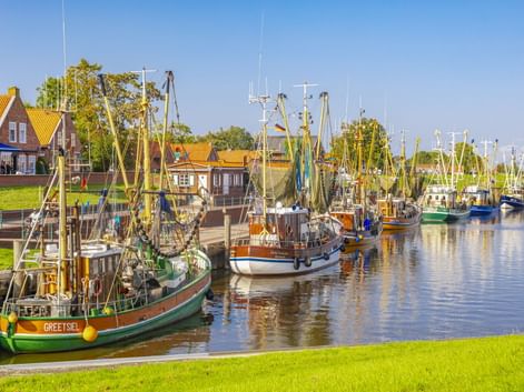 Traditionelle Fischerboote im Hafen von Greetsiel mit Häusern mit gelben Dächern entlang des Ufers und grünen Grasflächen unter blauem Himmel.