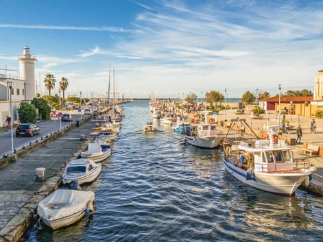 Hafenkanal in Viareggio gesäumt von Fischerbooten und Yachten. Ein weißer Leuchtturm steht links, Palmen und Gebäude auf beiden Seiten unter blauem Himmel.