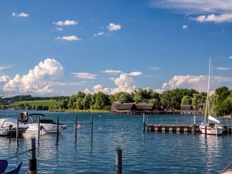 Hafen am Bodensee mit Booten und Holzstegen. Historische Pfahlbauten des Pfahlbaumuseums sind über das Wasser hinweg unter blauem Himmel sichtbar.