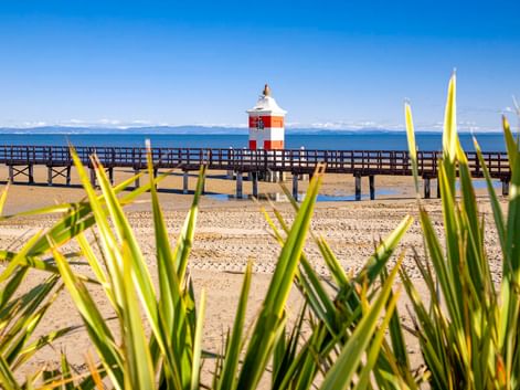 Rot-weiß gestreifter Leuchtturm auf Holzsteg in Lignano Sabbiadoro. Sandstrand mit grünen Pflanzen im Vordergrund, blaues Meer und Himmel.