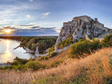Ruinen der Burg Devin auf einem Felsen mit Blick auf die Donau bei Sonnenuntergang, mit goldenem Gras im Vordergrund und bewaldeten Ufern.
