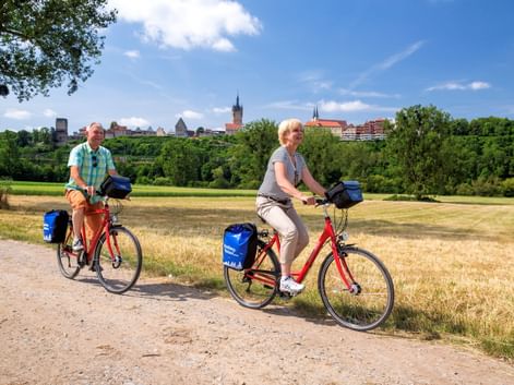 Zwei Radfahrer mit blauen Packtaschen auf einem Weg mit der historischen Skyline von Bad Wimpfen im Hintergrund mit Kirchtürmen und mittelalterlichen Gebäuden.