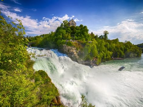 Rheinfall bei Schaffhausen mit kraftvoll herabstürzendem Wasser, üppiger grüner Vegetation und einem historischen Gebäude auf der Felsklippe.