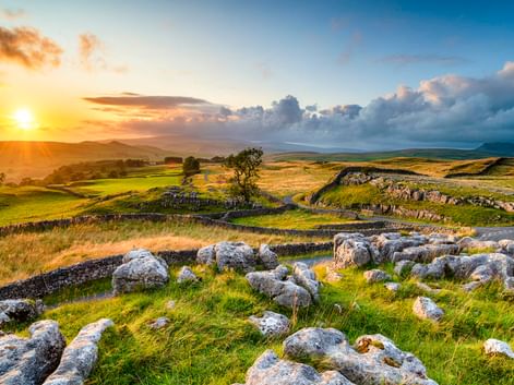 Weiße Kalksteine bei Winskill Stones mit grünen Feldern, Steinmauern und sanften Hügeln unter goldenem Sonnenuntergangshimmel.