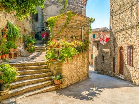 Enge Steingasse in Passignano sul Trasimeno mit Treppen, Blumentöpfen und historischen Gebäuden unter blauem Himmel.