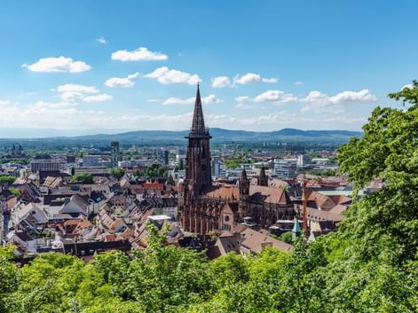 Panoramablick auf die Freiburger Altstadt mit dem markanten Münsterturm über rotgedeckten Gebäuden, umgeben von grünen Hügeln unter blauem Himmel.