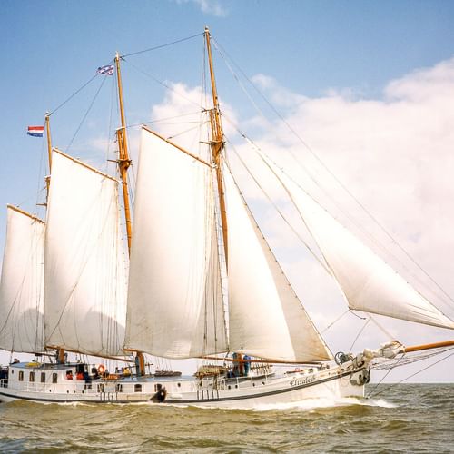 Dreimastklipper Elizabeth segelt mit weißen Segeln vor blauem Himmel mit Wolken. Das weiße Schiff bewegt sich durch ruhiges Wasser.
