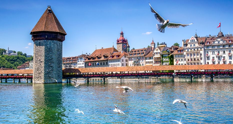Historische Kapellbrücke mit achteckigem Wasserturm über der Reuss in Luzern. Möwen fliegen über dem Wasser, Altstadtgebäude im Hintergrund.