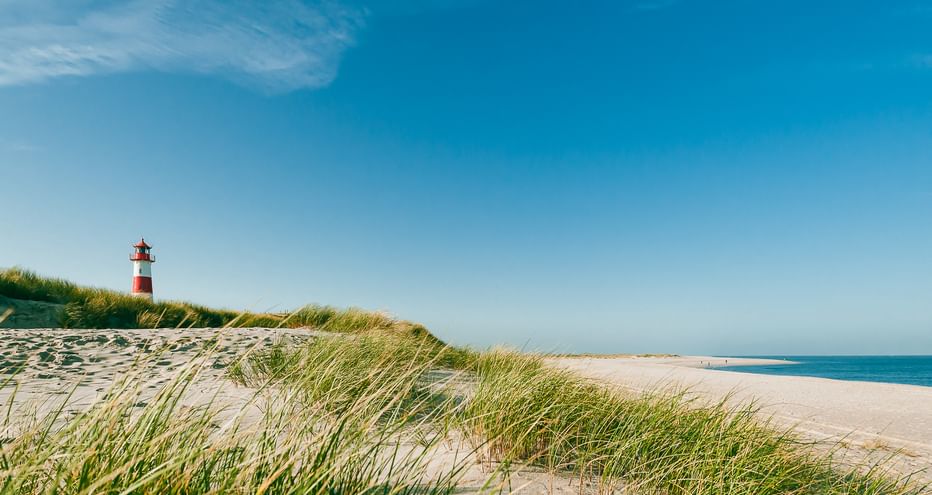 Rot-weiß gestreifter Leuchtturm List Ost auf grasbewachsenen Dünen mit Sandstrand und blauem Meer unter klarem Himmel auf Sylt.