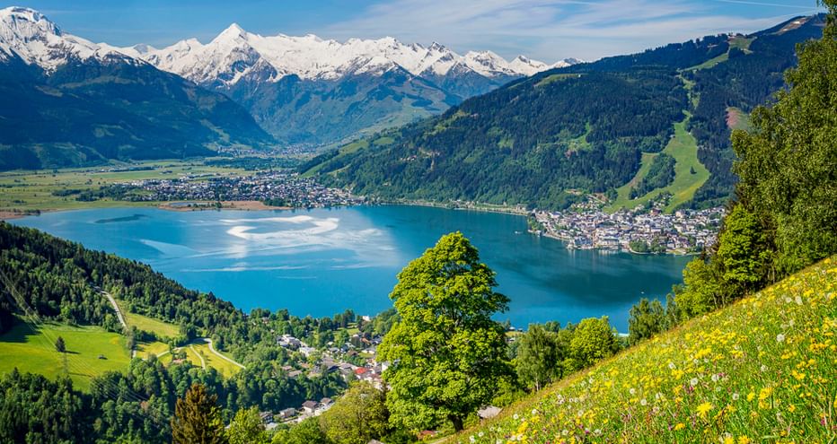 Türkisfarbener Alpensee umgeben von grünen Wiesen mit gelben Wildblumen, bewaldeten Hügeln und schneebedeckten Berggipfeln unter blauem Himmel.