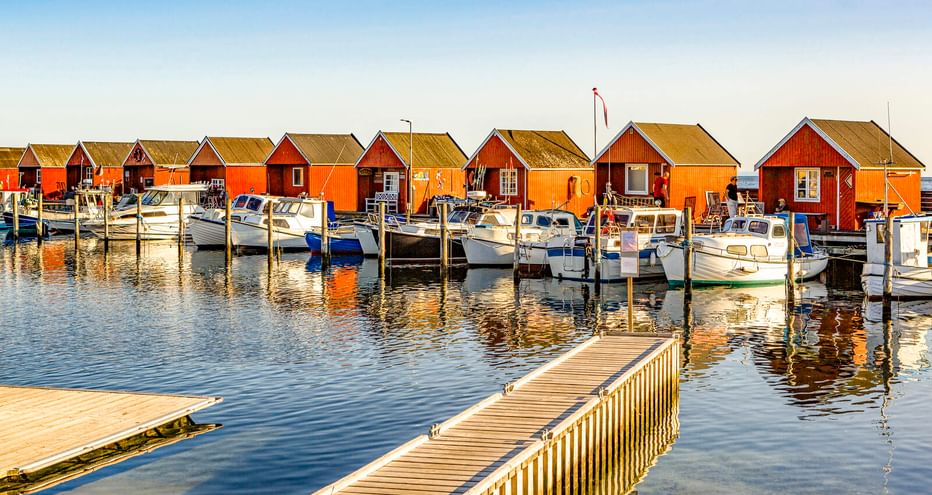 Hafen Rødvig mit Holzstegen, weißen Booten an den Docks und orangeroten Bootshäusern unter klarem blauen Himmel.