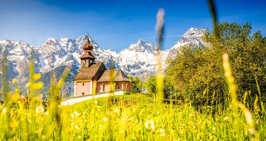 Antonius-Kapelle in Au umgeben von einer blühenden Wiese mit schneebedeckten Bergen und blauem Himmel im Hintergrund.