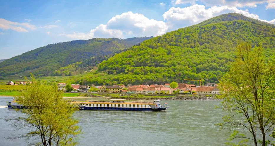 MS Prinzessin Katharina fährt auf der Donau mit grünen Hügeln, einem Dorf und Frühlingsbäumen im Vordergrund.