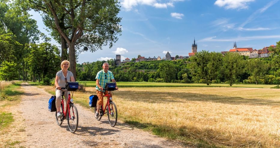 Zwei Radfahrer auf einem Schotterweg durch ein goldenes Feld mit der historischen Skyline von Bad Wimpfen im Hintergrund unter blauem Himmel.