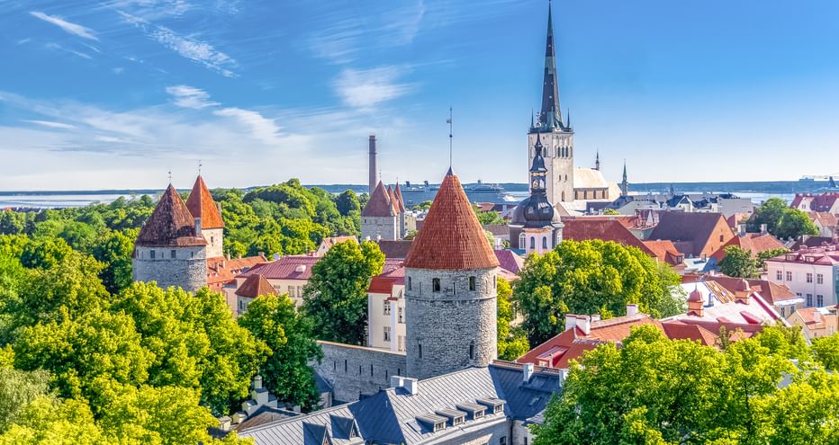 Luftaufnahme der Tallinner Altstadt mit roten Ziegeldächern, mittelalterlichen Steintürmen und dem Turm der Olaikirche. Grüne Bäume und blauer Himmel.