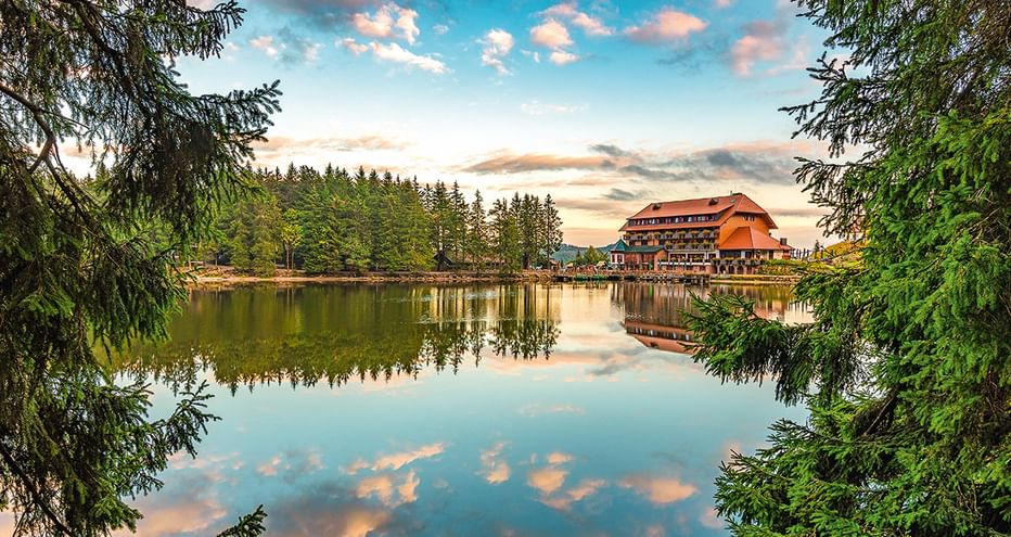 Ruhiger See im Naturpark Nord-Schwarzwald mit traditionellem Holzgebäude, das sich im stillen Wasser spiegelt, eingerahmt von Nadelbäumen.