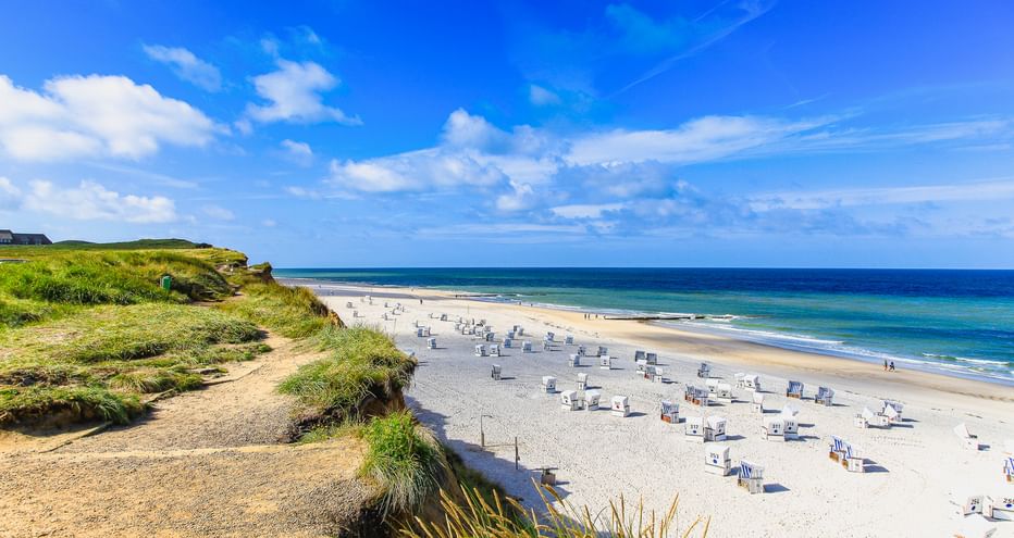 Breiter Sandstrand mit weißen Strandkörben an der Nordseeküste. Grüne Dünen im Vordergrund, türkisfarbenes Wasser und blauer Himmel.