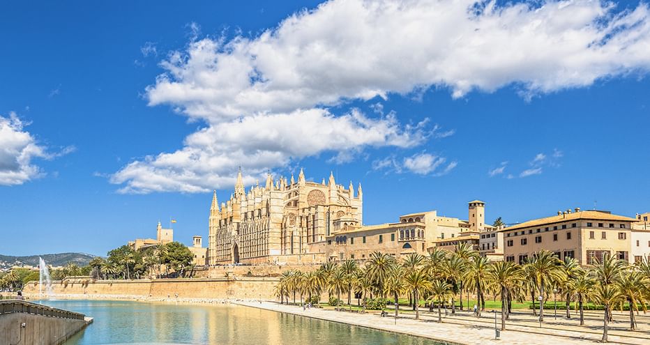 Kathedrale von Palma auf Mallorca mit gotischer Architektur neben einem Wasserbecken, gesäumt von Palmen unter blauem Himmel mit weißen Wolken.