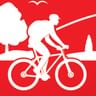 Rot-weißes Logo mit der Silhouette eines Radfahrers in einer Landschaft mit Baum, Hügeln und einem Vogel am Himmel.